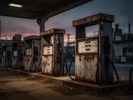 Verlassene und rostige Zapfsäulen an einer industriellen Tankstelle bei Dämmerung. - Foto: über boerse-global.de