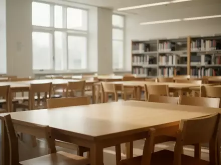Ein heller, minimalistischer Lesesaal in einer Bibliothek mit leeren Holztischen und Stühlen bei natürlichem Lichteinfall. - Foto: über boerse-global.de