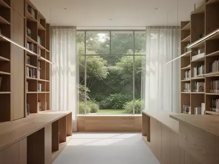 Ein lichtdurchfluteter, ruhiger Bibliotheksraum mit Holzregalen und Blick in einen grünen Garten. - Foto: über boerse-global.de