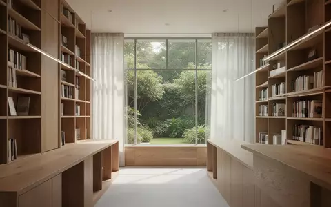 Ein lichtdurchfluteter, ruhiger Bibliotheksraum mit Holzregalen und Blick in einen grĂĽnen Garten. - Foto: ĂĽber boerse-global.de
