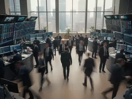 Ein belebter Börsensaal mit verschwommenen Geschäftsleuten in einer professionellen Finanzumgebung. - Foto: über boerse-global.de