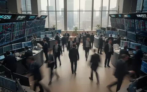 Ein belebter Börsensaal mit verschwommenen Geschäftsleuten in einer professionellen Finanzumgebung. - Foto: über boerse-global.de
