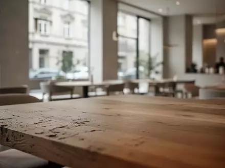 Ein minimalistisch gestalteter Innenraum eines modernen Cafés mit Fokus auf eine hölzerne Tischoberfläche bei Tageslicht. - Foto: über boerse-global.de