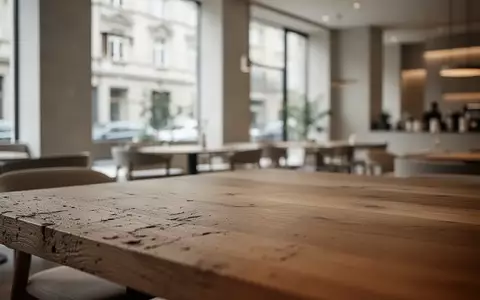 Ein minimalistisch gestalteter Innenraum eines modernen Cafés mit Fokus auf eine hölzerne Tischoberfläche bei Tageslicht. - Foto: über boerse-global.de