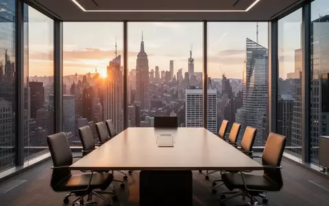 Ein moderner Konferenzraum mit Glasfront und Blick auf ein Finanzviertel bei Sonnenuntergang. - Foto: über boerse-global.de
