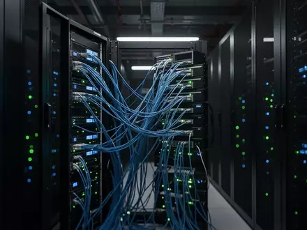Ein dunkler, minimalistischer Serverraum mit leuchtenden Glasfaser-Statusanzeigen als Symbol für digitale Datenübertragung. - Foto: über boerse-global.de