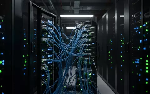 Ein dunkler, minimalistischer Serverraum mit leuchtenden Glasfaser-Statusanzeigen als Symbol für digitale Datenübertragung. - Foto: über boerse-global.de