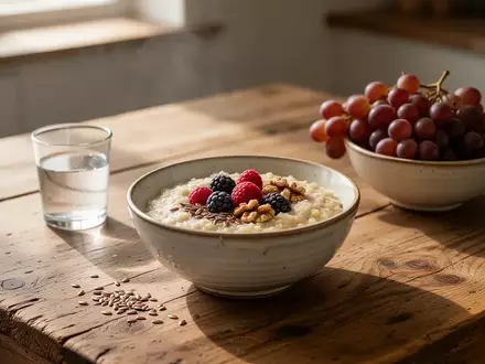 Eine Schale mit warmem Hirsebrei, Beeren und Nüssen auf einem Holztisch bei morgendlichem Sonnenlicht. - Foto: über boerse-global.de