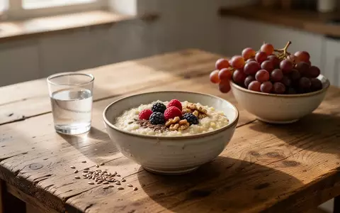 Eine Schale mit warmem Hirsebrei, Beeren und Nüssen auf einem Holztisch bei morgendlichem Sonnenlicht. - Foto: über boerse-global.de