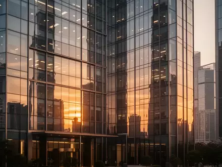 Moderne Glasfassade eines Bürogebäudes im Finanzviertel von Shenzhen bei Sonnenuntergang. - Foto: über boerse-global.de