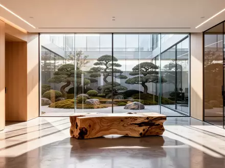 Ein minimalistischer, moderner Büroinnenraum mit hellen Holzoberflächen, großen Fensterfronten und einem japanischen Garten im Hintergrund. - Foto: über boerse-global.de