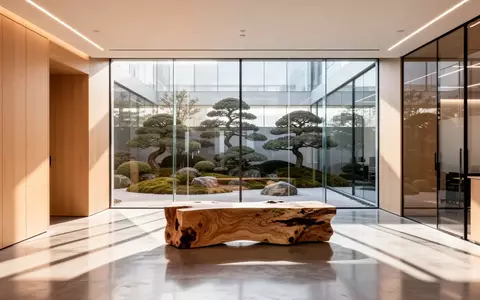 Ein minimalistischer, moderner Büroinnenraum mit hellen Holzoberflächen, großen Fensterfronten und einem japanischen Garten im Hintergrund. - Foto: über boerse-global.de
