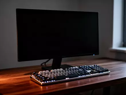 Ein minimalistischer Arbeitsplatz mit einer mechanischen Tastatur und einem ausgeschalteten Monitor in einem abgedunkelten Raum. - Foto: über boerse-global.de