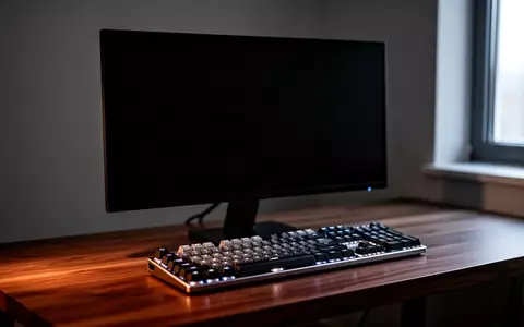 Ein minimalistischer Arbeitsplatz mit einer mechanischen Tastatur und einem ausgeschalteten Monitor in einem abgedunkelten Raum. - Foto: über boerse-global.de