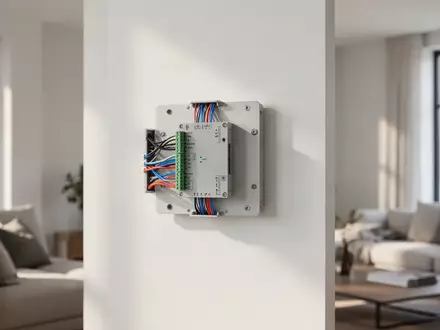 Ein moderner Glasfaser-Hausanschluss an einer hellen Wohnzimmerwand in natürlichem Licht. - Foto: über boerse-global.de