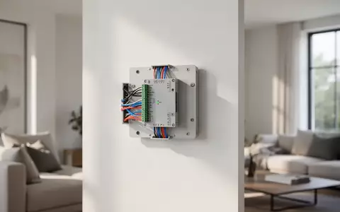 Ein moderner Glasfaser-Hausanschluss an einer hellen Wohnzimmerwand in natürlichem Licht. - Foto: über boerse-global.de