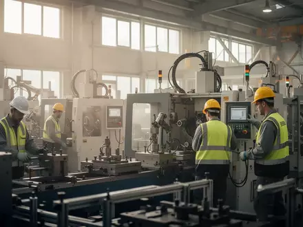 Arbeiter in einer modernen Produktionsanlage vor technologischen Maschinen. - Foto: über boerse-global.de