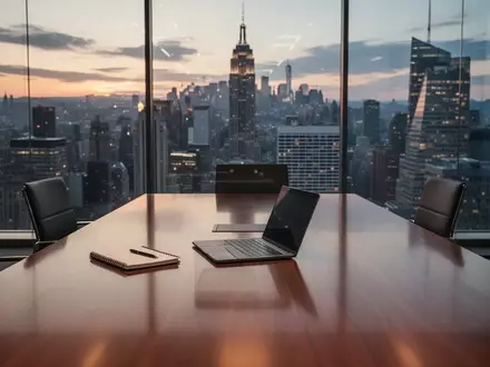 Ein moderner Konferenzraum in einem Bürogebäude mit Blick auf das Finanzviertel bei Dämmerung. - Foto: über boerse-global.de