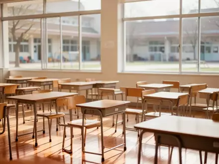 Leeres Klassenzimmer mit hellen Holztischen und Stühlen in einer Schule bei Tageslicht. - Foto: über boerse-global.de