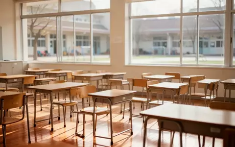 Leeres Klassenzimmer mit hellen Holztischen und Stühlen in einer Schule bei Tageslicht. - Foto: über boerse-global.de