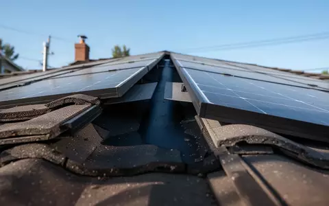 Nahaufnahme eines geneigten Solarmoduls auf einem Dach mit einem dunklen Hohlraum zwischen der Anlage und den Dachziegeln. - Foto: über boerse-global.de