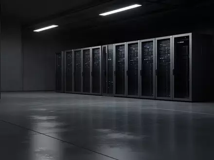 Ein minimalistischer, moderner Arbeitsbereich in einem professionellen Rechenzentrum mit schlichten, unbeschrifteten Regalsystemen und gedimmter, atmosphärischer Beleuchtung. - Foto: über boerse-global.de