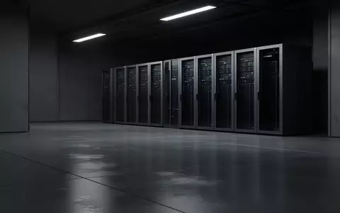 Ein minimalistischer, moderner Arbeitsbereich in einem professionellen Rechenzentrum mit schlichten, unbeschrifteten Regalsystemen und gedimmter, atmosphärischer Beleuchtung. - Foto: über boerse-global.de