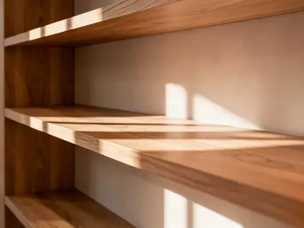 Ein minimalistisches, sonnendurchflutetes Holzregal in einem modernen Verkaufsraum mit weichem Licht und Schattenwurf. - Foto: über boerse-global.de