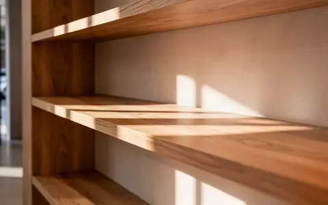 Ein minimalistisches, sonnendurchflutetes Holzregal in einem modernen Verkaufsraum mit weichem Licht und Schattenwurf. - Foto: über boerse-global.de