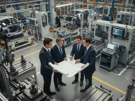 Geschäftspartner bei der Besprechung in einer modernen Fertigungshalle für Automobilkomponenten. - Foto: über boerse-global.de