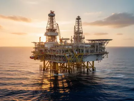 Eine Offshore-Öl- und Gasplattform auf dem offenen Meer bei Sonnenuntergang. - Foto: über boerse-global.de