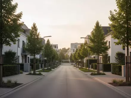 Eine moderne, ruhige Vorstadtstraße mit gepflasterten Wegen und Bäumen, die die städtische Infrastruktur zeigt. - Foto: über boerse-global.de