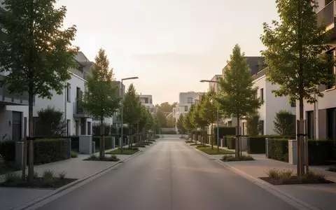 Eine moderne, ruhige Vorstadtstraße mit gepflasterten Wegen und Bäumen, die die städtische Infrastruktur zeigt. - Foto: über boerse-global.de