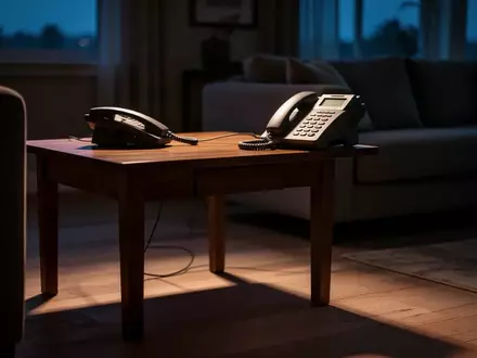 Ein stilles Wohnzimmer bei Dämmerung mit einem klassischen Festnetztelefon auf einem Beistelltisch. - Foto: über boerse-global.de