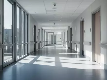 Moderner, heller Krankenhausflur mit einfallendem Tageslicht und klaren architektonischen Linien. - Foto: über boerse-global.de