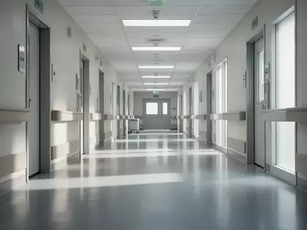 Ein heller, minimalistischer Krankenhausflur mit reflektierenden Böden und neutraler Beleuchtung. - Foto: über boerse-global.de