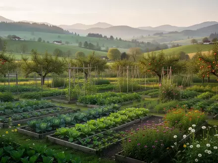Ein üppiger Permakultur-Garten mit Gemüsebeeten und Obstbäumen in einer hügeligen Landschaft bei Sonnenaufgang. - Foto: über boerse-global.de