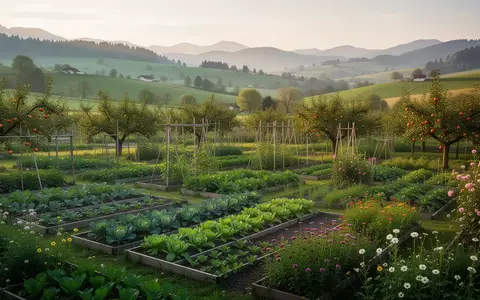 Ein üppiger Permakultur-Garten mit Gemüsebeeten und Obstbäumen in einer hügeligen Landschaft bei Sonnenaufgang. - Foto: über boerse-global.de