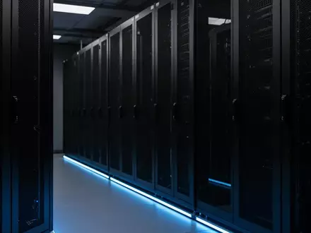 Ein minimalistischer, dunkel gehaltener Serverraum mit symmetrischen schwarzen Rack-Reihen und dezenter blauer Beleuchtung. - Foto: über boerse-global.de