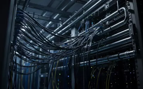 Ein abstraktes, dunkel beleuchtetes Serverraum-Interieur mit komplexen Kabelsträngen und industriellen Leitungen. - Foto: über boerse-global.de