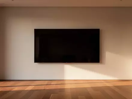 Modernes Wohnzimmer mit einem großen, ausgeschalteten Fernsehbildschirm an einer hellen Wand bei natürlichem Tageslicht. - Foto: über boerse-global.de