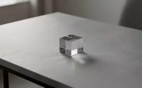Ein minimalistisches, mattes Tischdesign mit einem einzelnen Glaskörper, der sanftes Licht bricht und abstrakte Reflexionen wirft. - Foto: über boerse-global.de