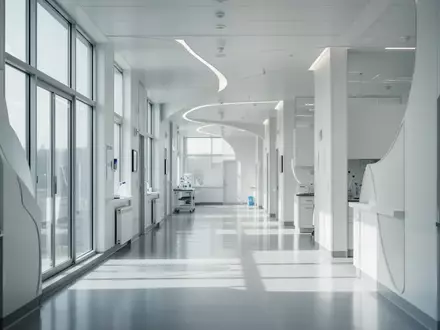 Ein heller, minimalistischer Flur in einem modernen klinischen Forschungszentrum mit klaren Linien und natĂĽrlichem Licht. - Foto: ĂĽber boerse-global.de