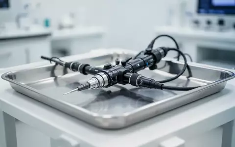 Ein steriles medizinisches Endoskop auf einer Edelstahlablage in einem hellen, klinischen Labor. - Foto: über boerse-global.de