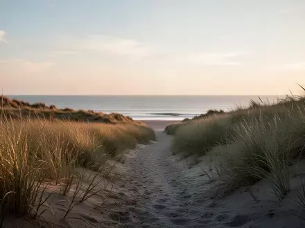 Ein leerer Küstenpfad schlängelt sich bei Tagesanbruch durch eine Dünenlandschaft mit hohem Dünengras. - Foto: über boerse-global.de