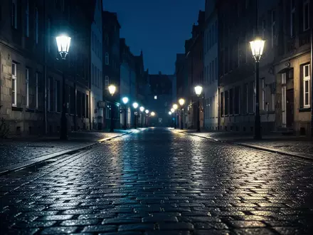 Eine nächtliche, verlassene Straße in einer deutschen Altstadt mit Kopfsteinpflaster und atmosphärischer Beleuchtung. - Foto: über boerse-global.de