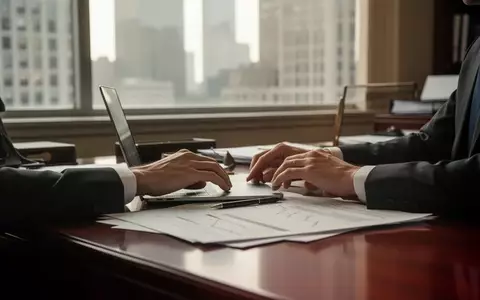 Ein professioneller Schreibtisch in einem Büroviertel mit Laptop und Dokumenten bei natürlichem Tageslicht. - Foto: über boerse-global.de