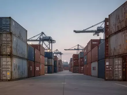 Containerstapel in einem modernen Logistikhafen bei Dämmerung - Foto: über boerse-global.de