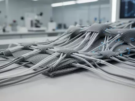 Nahaufnahme von hochtechnologischen Textilien und künstlichen Sehnen in einer Laborumgebung zur Unterstützung der Mobilität. - Foto: über boerse-global.de