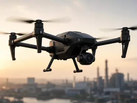 Eine moderne kommerzielle Drohne schwebt in der Luft vor einem unscharfen industriellen Hintergrund bei Sonnenaufgang. - Foto: über boerse-global.de